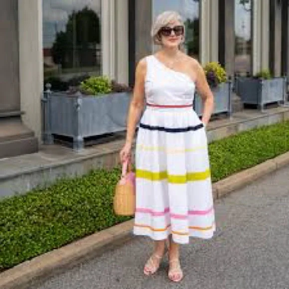 J. Crew White One-Shoulder Dress with Bold Stripes Size 6 NWT - Picture 2 of 8